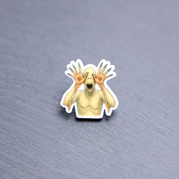 Pale One Acrylic Pin. These acrylic pins are made with cast acrylic. These pins are colorful, with a black pin back.