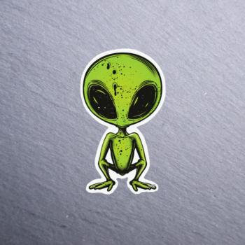 Green Alien Sticker. These stickers are made with printable vinyl with a vinyl top coat that is scratch-resistant and water resistant.