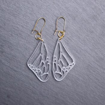 Butterfly Wing Earrings. These earrings are made with clear acrylic. Comes with gold hooks that is nickel free.