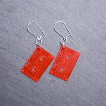 Cassette Neon Pink Earrings that are translucent. These earrings are made with clear acrylic. Comes with sliver hooks that is nickel free.