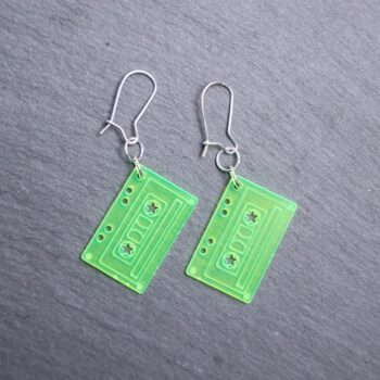 Cassette Neon Green Earrings that are translucent. These earrings are made with clear acrylic. Comes with sliver hooks that is nickel free.