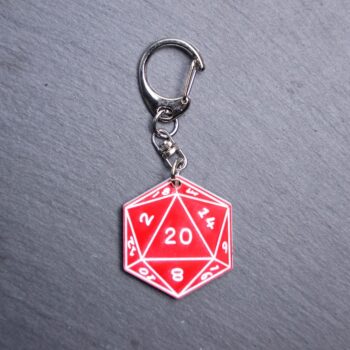 D20 Bag Tag. This bag tag is made with engraved red and white acrylic. Comes with lobster clasp topper that easily hooks to a bag, zippers, keychains, and lanyards for fun display and swivels. White backside.