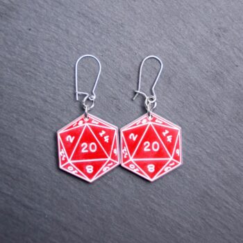 D20 Earrings that red and white. These earrings are made with engraved acrylic. Comes with sliver hooks that is nickel free.