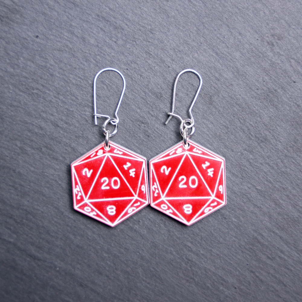 D20 Earrings that red and white. These earrings are made with engraved acrylic. Comes with sliver hooks that is nickel free.