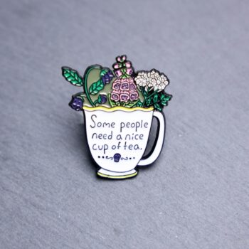 Deadly Tea Enamel Pin. These enamel pins are made with metal. These enamel pins are colorful, with a black backing.