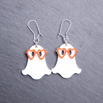 Ghost Heart Glasses Earrings that are white and orange. These earrings are made with white and orange acrylic. Comes with silver hooks that is nickel free.