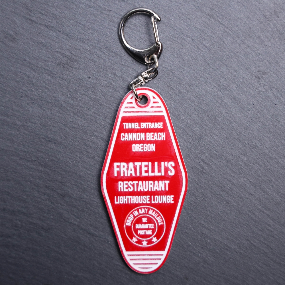 Fratelli's Restaurant Bag Tag. This bag tag is made with engraved acrylic. Comes with lobster clasp topper that easily hooks to a bag, zippers, keychains,
