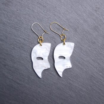 Phantom Mask Earrings. These earrings are made with pearl acrylic. Comes with gold hooks that is nickel free.