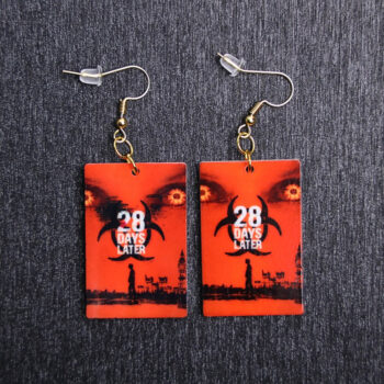 28 Days Later Poster Earrings These earrings are made with acrylic and hand heat pressed. Comes with 18k plated gold hooks that is nickel free. Slightly distressed and reflects in light.