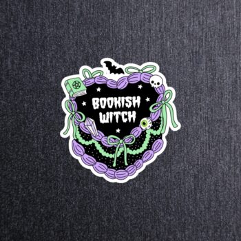 Bookish Witch Cake Sticker. These stickers are made with printable vinyl with a vinyl top coat that is scratch-resistant and water resistant.