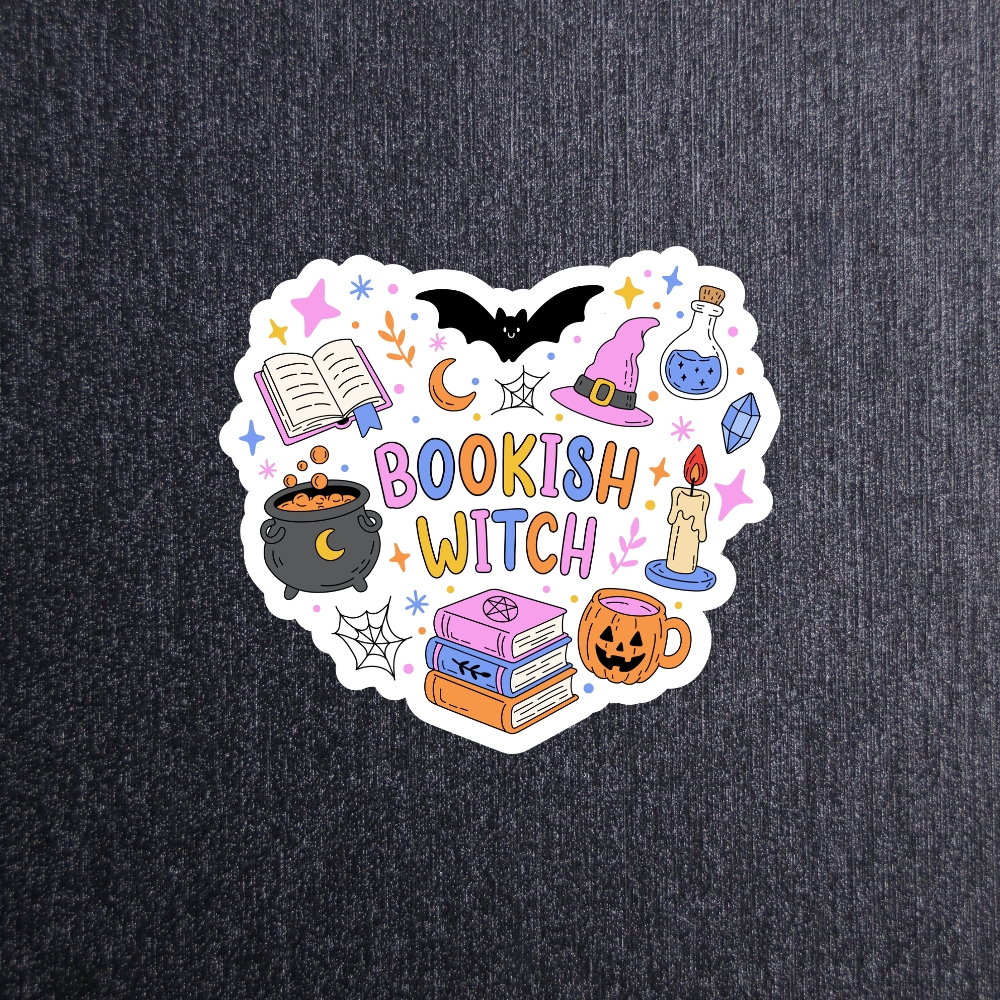 Bookish Witch Halloween Sticker. These stickers are made with printable vinyl with a vinyl top coat that is scratch-resistant and water resistant.