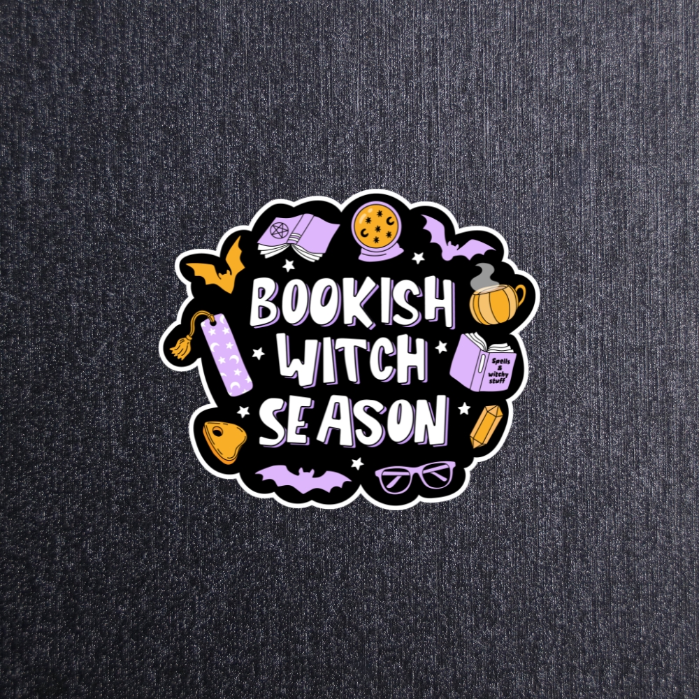 Bookish Witch Season Sticker. These stickers are made with printable vinyl with a vinyl top coat that is scratch-resistant and water resistant.