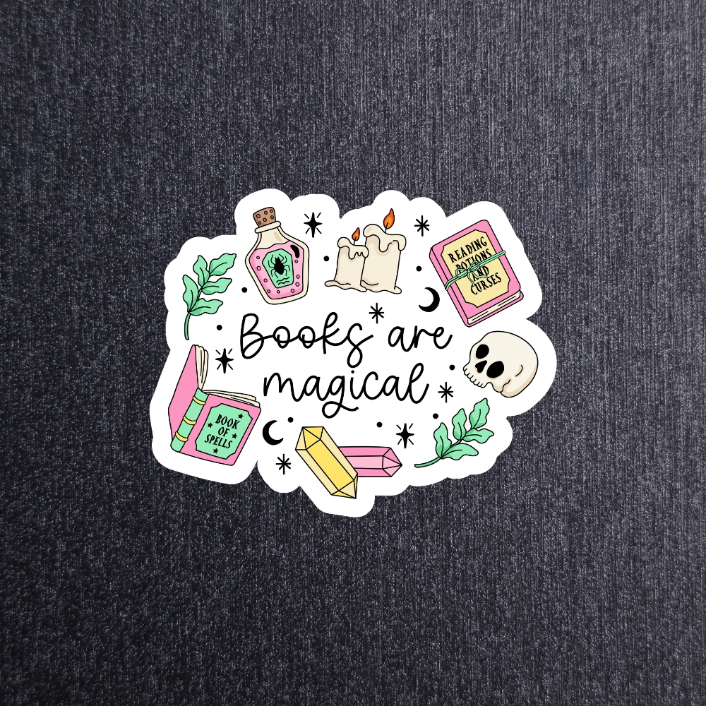 Books Are Magical Sticker. These stickers are made with printable vinyl with a vinyl top coat that is scratch-resistant and water resistant.