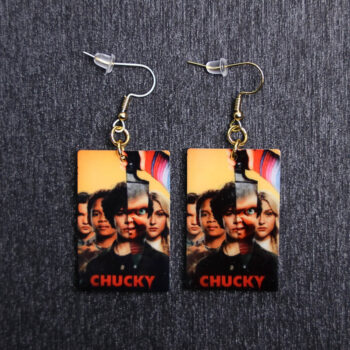 Chucky Show Poster Earrings. These earrings are made with acrylic and hand heat pressed. Comes with 18k plated gold hooks that is nickel free.