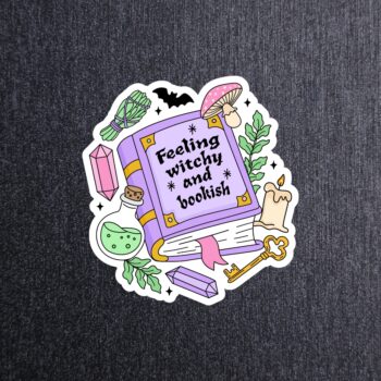 Feeling Witchy Book Sticker. These stickers are made with printable vinyl with a vinyl top coat that is scratch-resistant and water resistant.
