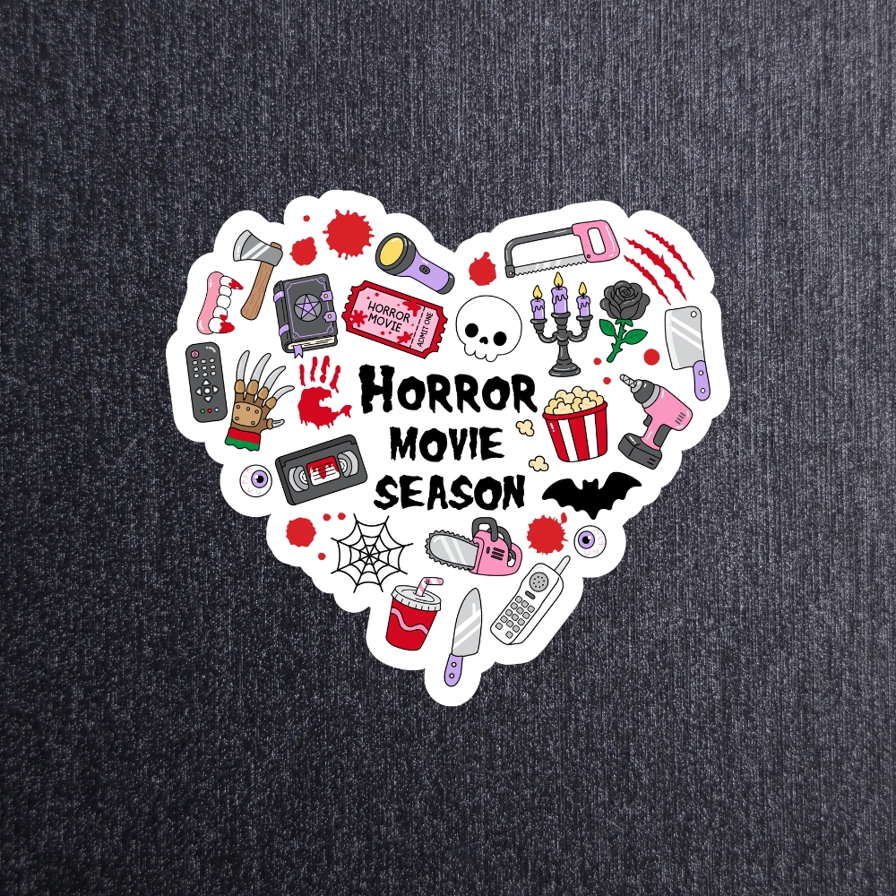 Horror Movie Season Sticker. These stickers are made with printable vinyl with a vinyl top coat that is scratch-resistant and water resistant.