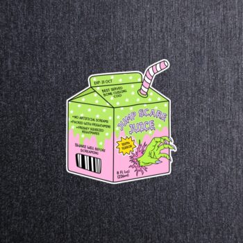 Jump Scare Juice Sticker. These stickers are made with printable vinyl with a vinyl top coat that is scratch-resistant and water resistant.