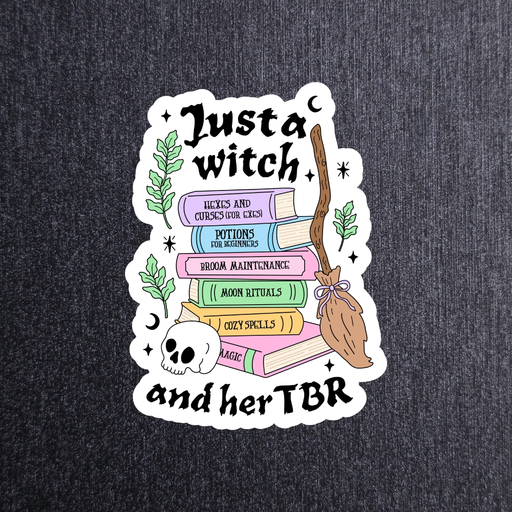 Just A Witch Sticker. These stickers are made with printable vinyl with a vinyl top coat that is scratch-resistant and water resistant.