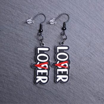 Loser Lover Black Earrings that are white, black and red. These earrings are made with engraved acrylic. Comes with black hooks that is nickel free.