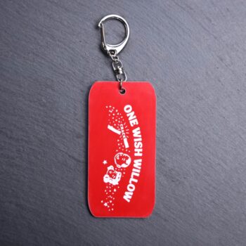 One Wish Willow Bag Tag. This bag tag is made with engraved acrylic. Comes with lobster clasp topper that easily hooks to a bag, zippers, keychains, and lanyards for fun display and swivels. White backside.