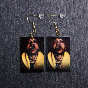 Talk To Me Poster Earrings. These earrings are made with acrylic and hand heat pressed. Comes with 18k plated gold hooks that is nickel free.