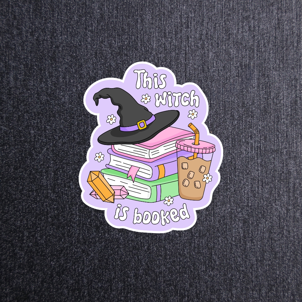 This Witch Is Booked Sticker. These stickers are made with printable vinyl with a vinyl top coat that is scratch-resistant and water resistant.