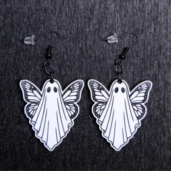 Ghost Butterfly Earrings. These earrings are made with white to black acrylic. Comes with black hooks that is nickel free.
