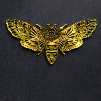 Death Moth Yellow Mirror Sign. This sign is made with black acrylic base and a yellow mirror top layer. Comes with attachable keyhole.
