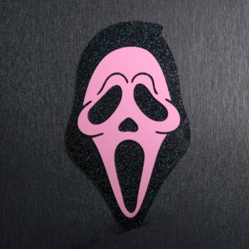 Ghostface Pink Glitter Sign. This sign is made with black glitter acrylic base and a bubblegum pink acrylic topper. Comes with attachable keyhole.