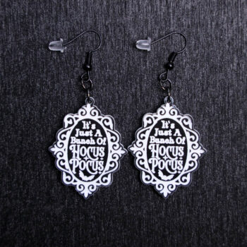 Hocus Pocus Engraved Earrings. These earrings are made with black to white acrylic. Comes with black hooks that is nickel free.