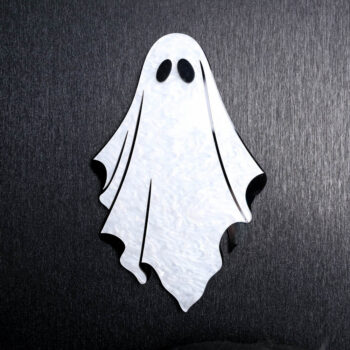 Ghost White Pearl Sign. This sign is made with black acrylic base, white pearl acrylic, and a black acrylic eyes. Comes with attachable keyhole.