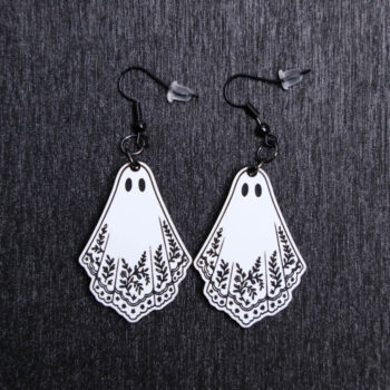 Lace Ghost Earrings. These earrings are made with white to black acrylic. Comes with black hooks that is nickel free.