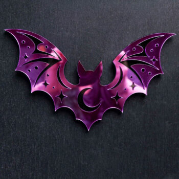 Luna Bat Purple Sign. This sign is made with black acrylic base and a purple mirror top layer. Comes with attachable keyhole.