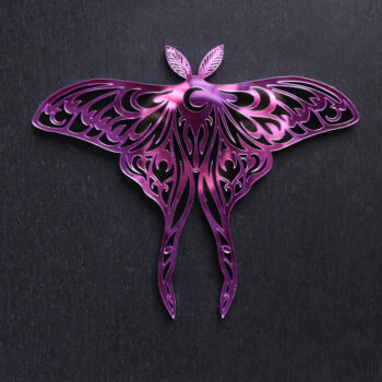 Luna Moth Purple Mirror Sign. This sign is made with black acrylic base and a purple mirror top layer. Comes with attachable keyhole.