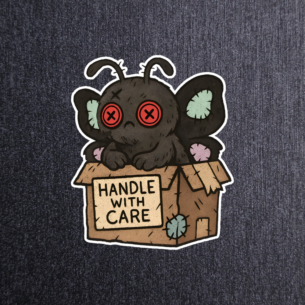 Mothman Handle With Care Sticker. These stickers are made with printable vinyl with a vinyl top coat that is scratch-resistant and water resistant.