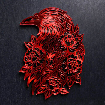 Raven Cherry Red Mirror Sign. This sign is made with black acrylic base and a cherry red mirror top layer. Comes with attachable keyhole.