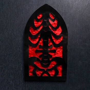 Skeleton Rib Cage Red Pearl Sign. This sign is made with red pearl acrylic base and a black acrylic top layer. Comes with attachable keyhole.