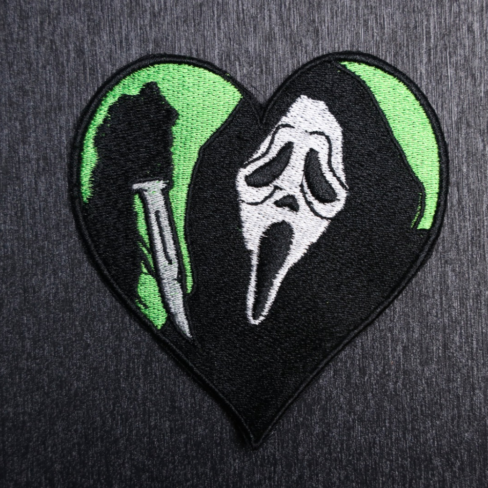 Ghostface Green Patch Sew On in green, sliver, and black. Beautifully embroidered design which is sew on design.